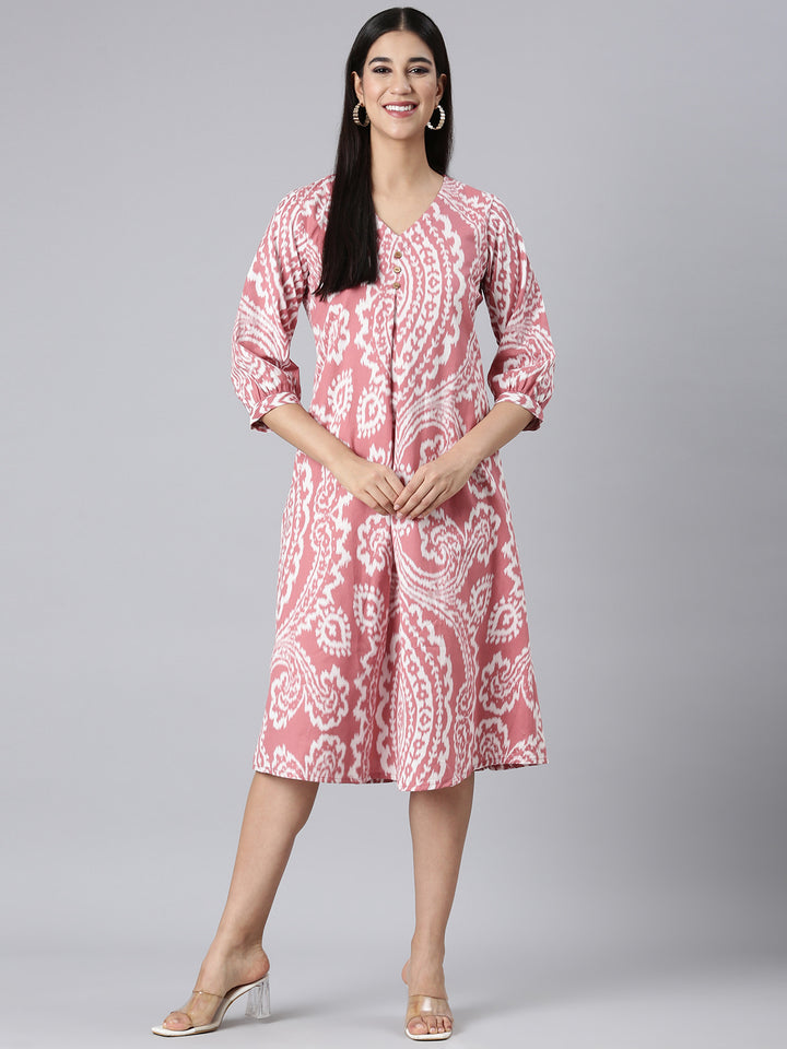 Neerus Pink Casual Floral A-Line Kurtas