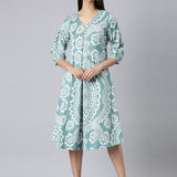 Neerus Sea Green Casual Floral A-Line Kurtas