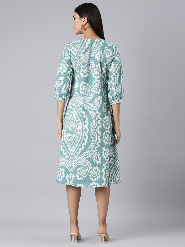 Neerus Sea Green Casual Floral A-Line Kurtas