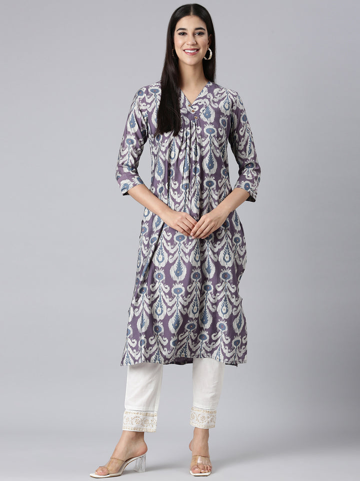 Neerus Lavender Casual Ethnic Motifs Straight Kurtas