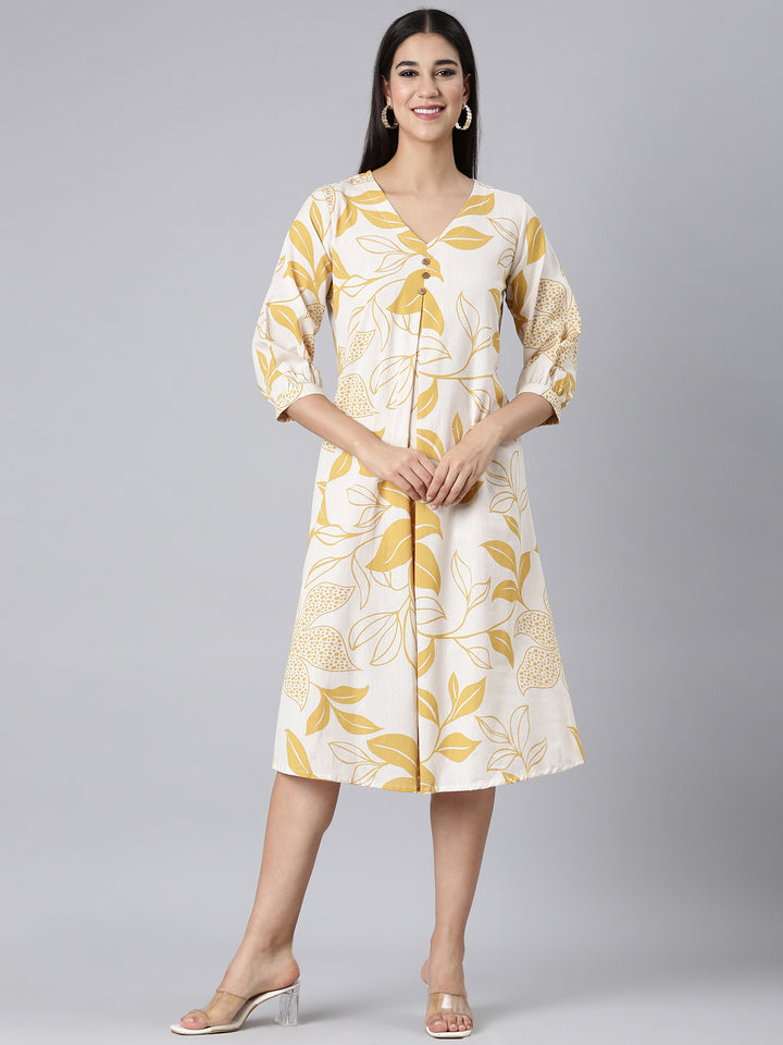 Neerus Mustard Casual Floral A-Line Kurtas
