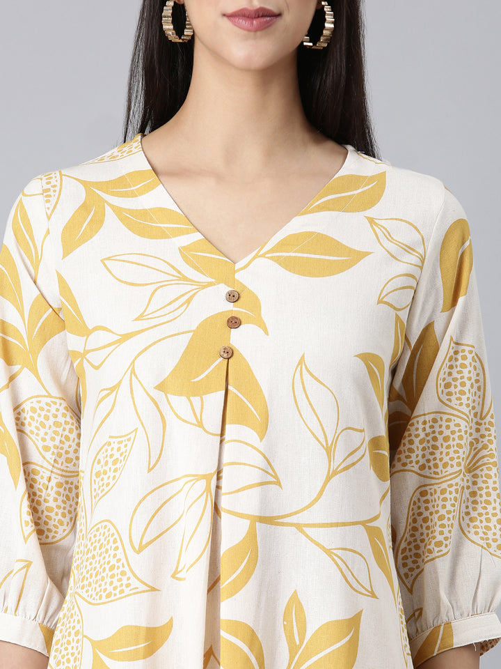Neerus Mustard Casual Floral A-Line Kurtas