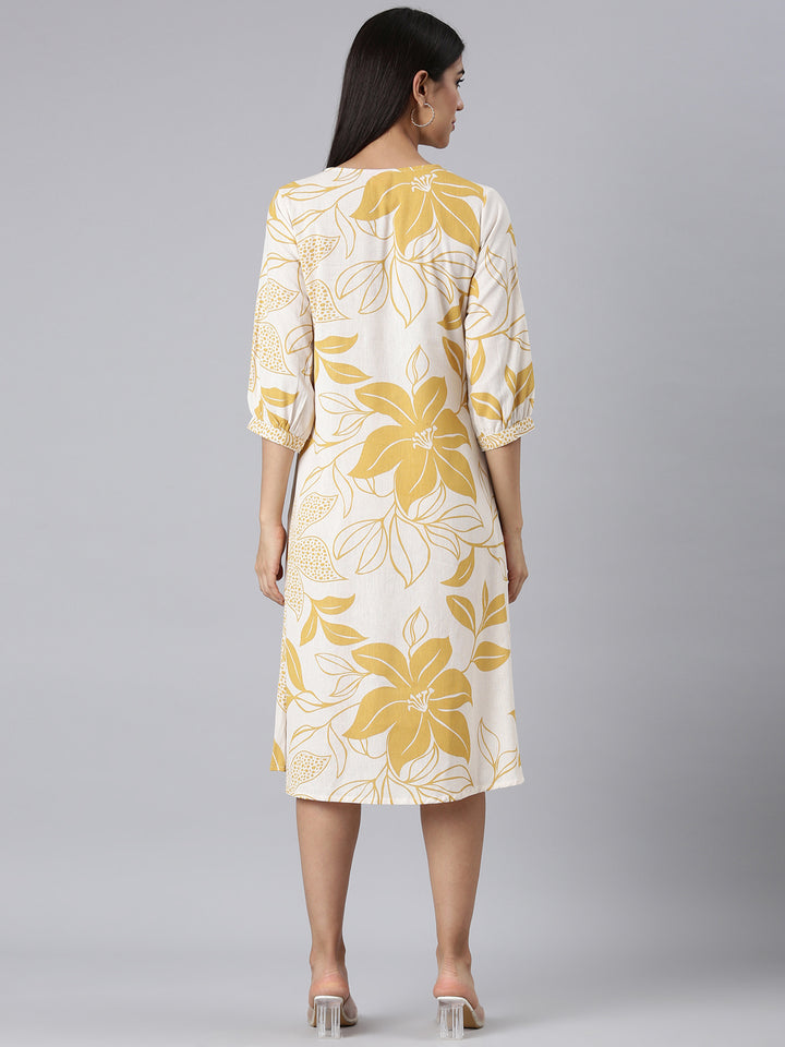 Neerus Mustard Casual Floral A-Line Kurtas