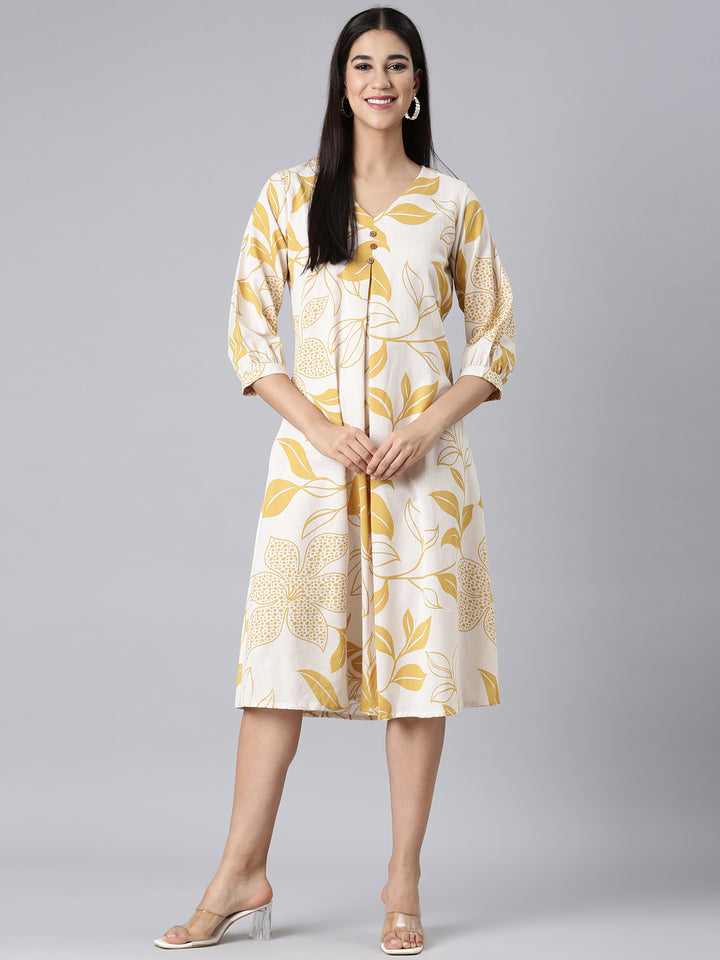Neerus Mustard Casual Floral A-Line Kurtas