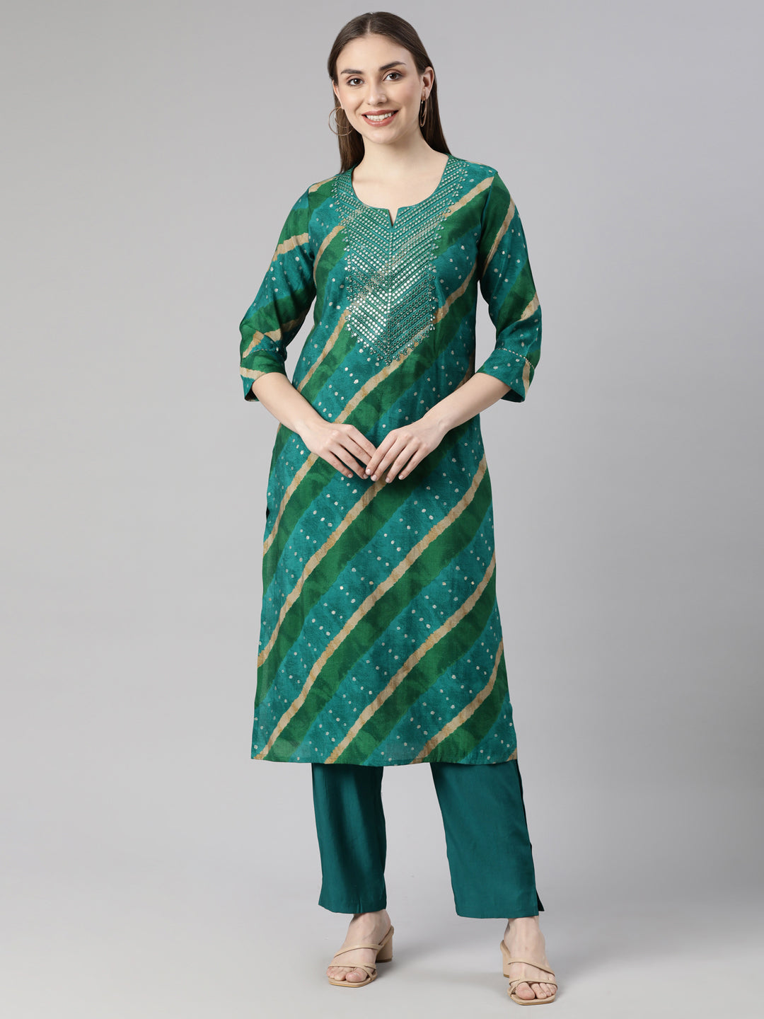 Neerus Green Regular Straight Striped Kurta And  Trousers