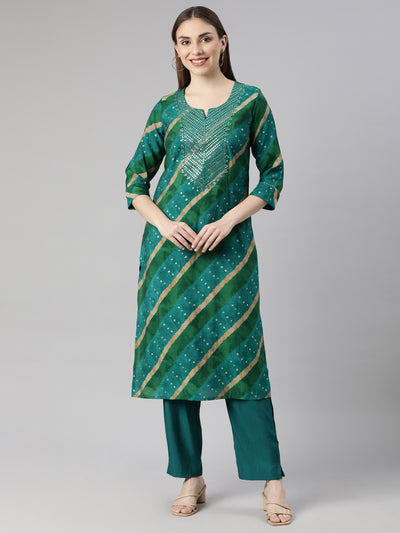 Neerus Green Regular Straight Striped Kurta And  Trousers