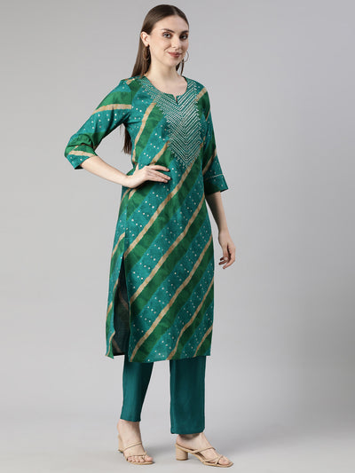 Neerus Green Regular Straight Striped Kurta And  Trousers