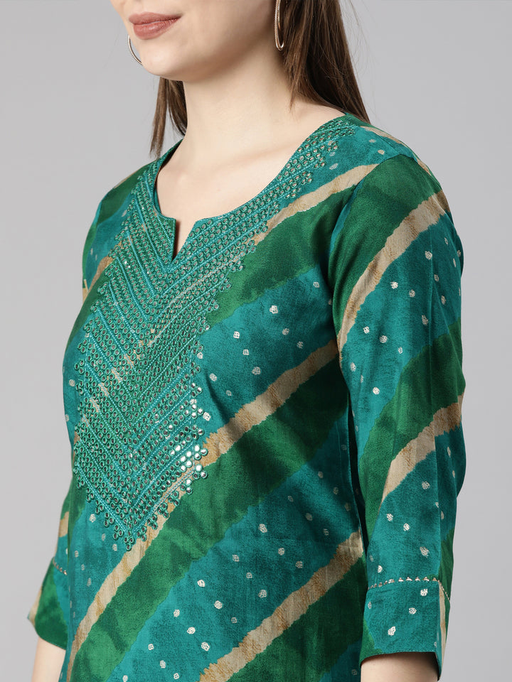 Neerus Green printed striped kurta set - detail view 1