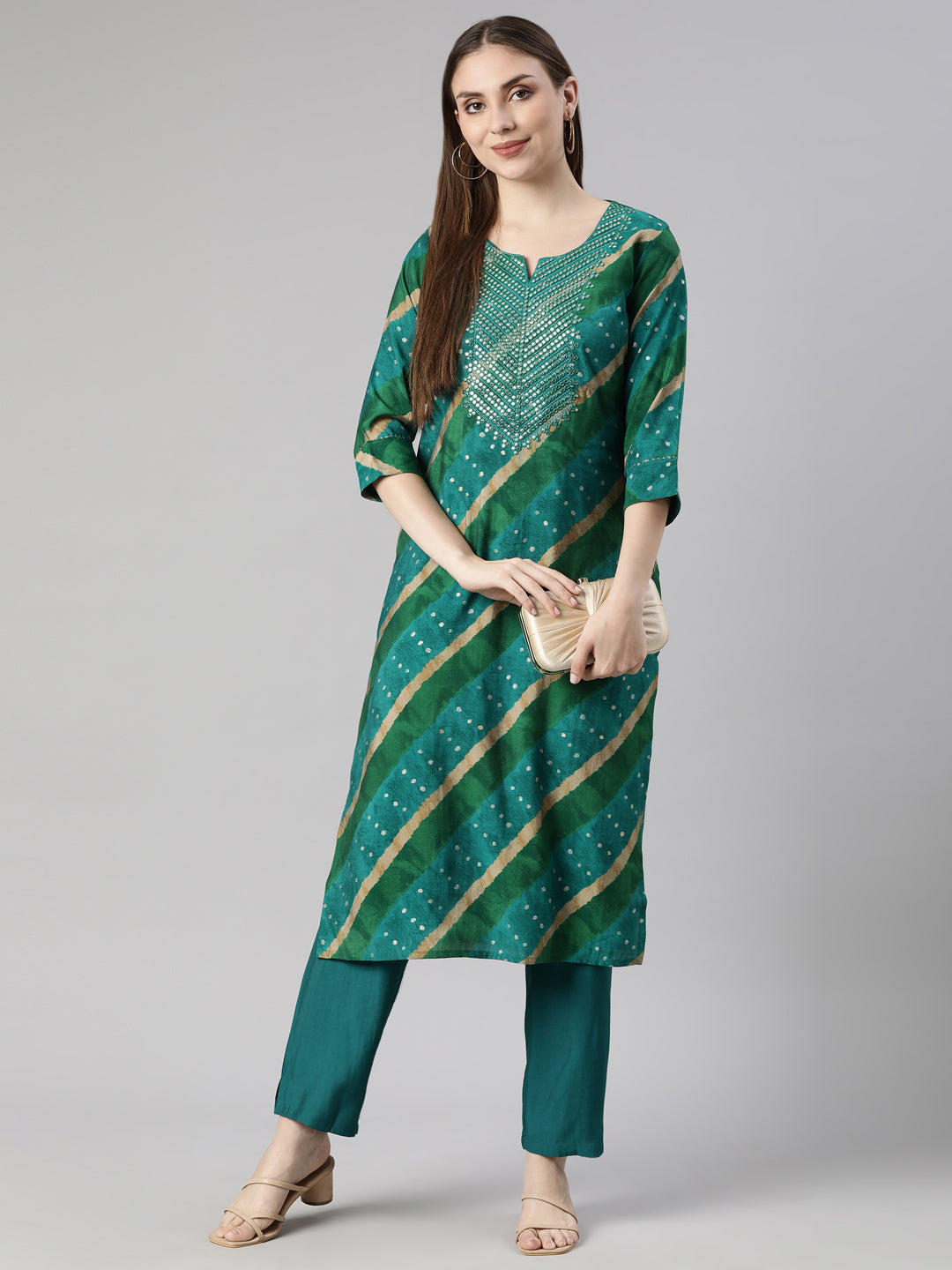 Neerus Green Regular Straight Striped Kurta And  Trousers