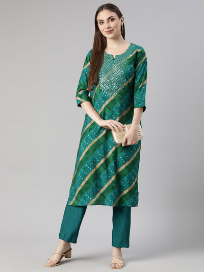 Neerus Green Regular Straight Striped Kurta And  Trousers