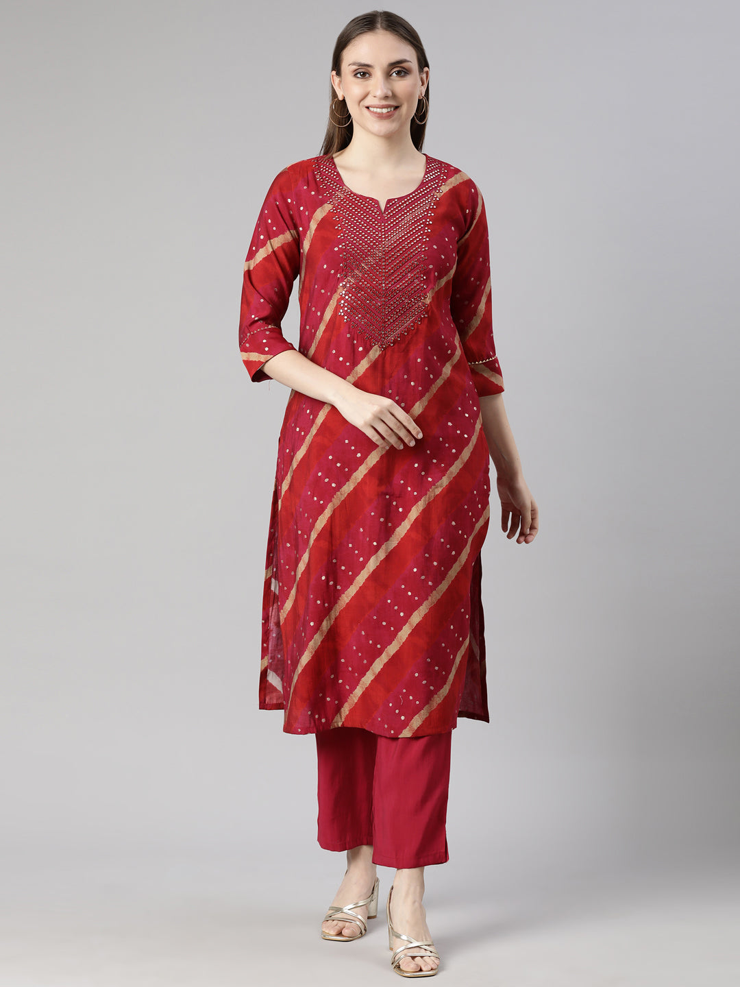 Neerus Pink printed striped kurta set with trouser - front view