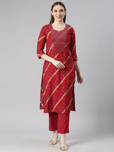 Neerus Pink Regular Straight Striped Kurta And  Trousers