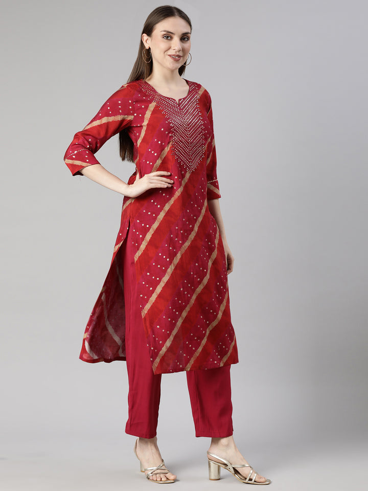 Neerus Pink printed striped kurta set with trouser - back view