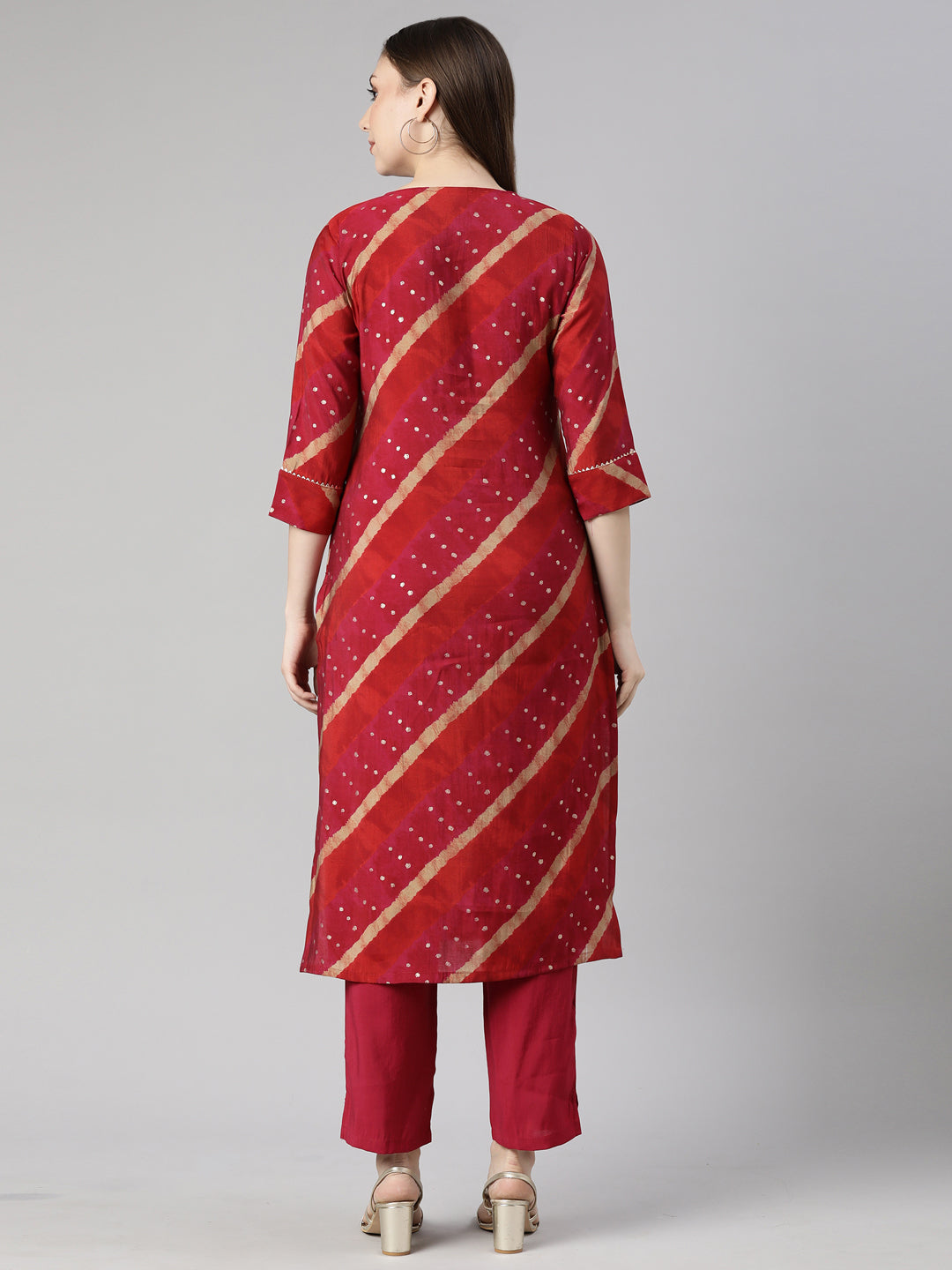 Neerus Pink printed striped kurta set with trouser - side view