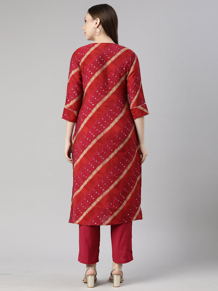 Neerus Pink printed striped kurta set with trouser - side view