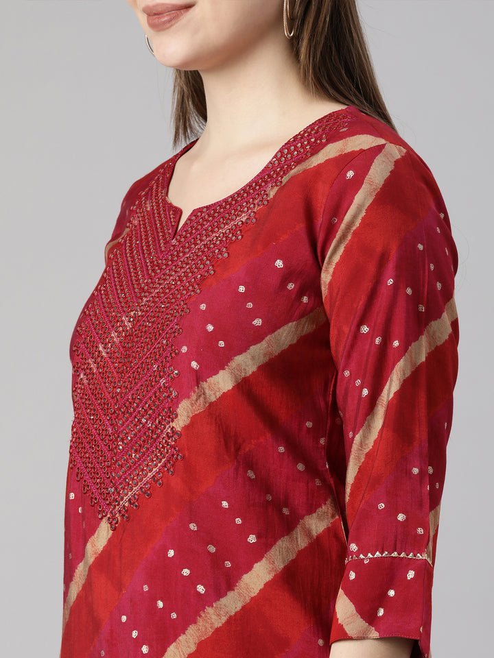Neerus Pink printed striped kurta set with trouser - detail view 1