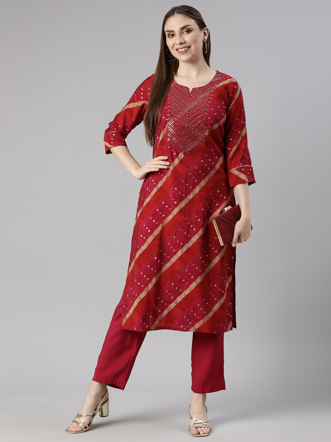 Neerus Pink Regular Straight Striped Kurta And  Trousers