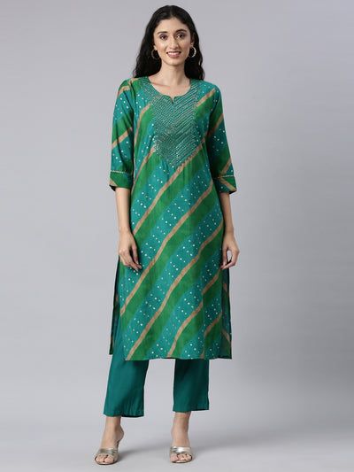 Neerus Green Panelled Straight Kurta and Trousers