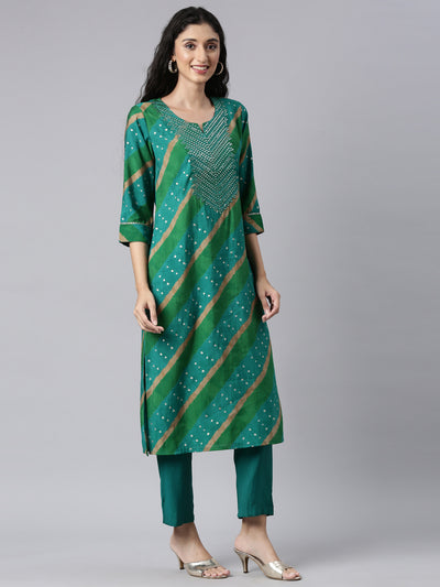 Neerus Green Panelled Straight Kurta and Trousers