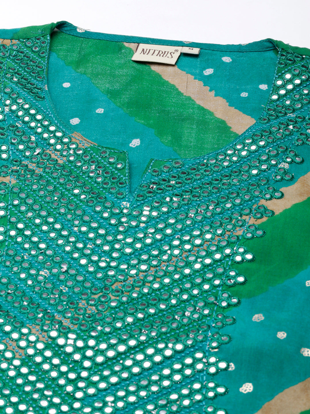 Neerus Green cotton panelled straight suit set - detail view 1