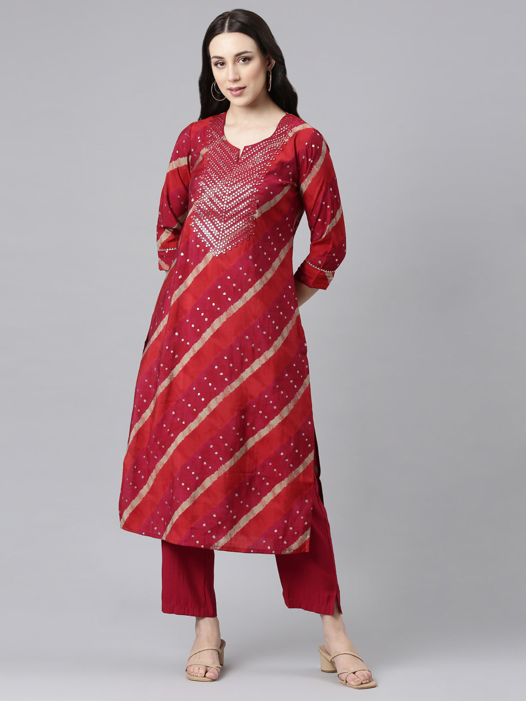Neerus Pink cotton panelled straight kurta set - front view