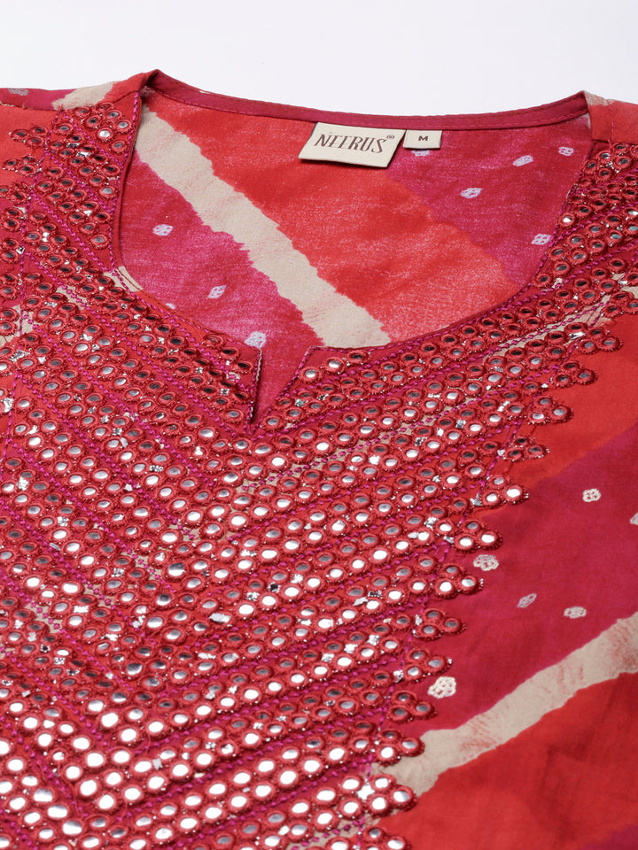 Neerus Pink cotton panelled straight kurta set - detail view 1