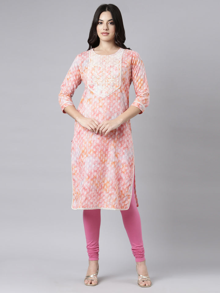 Neerus Orange printed paisley straight kurti - front view