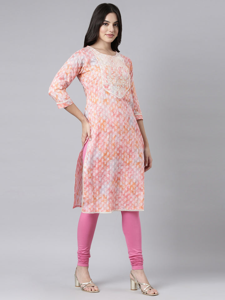 Neerus Orange printed paisley straight kurti - back view