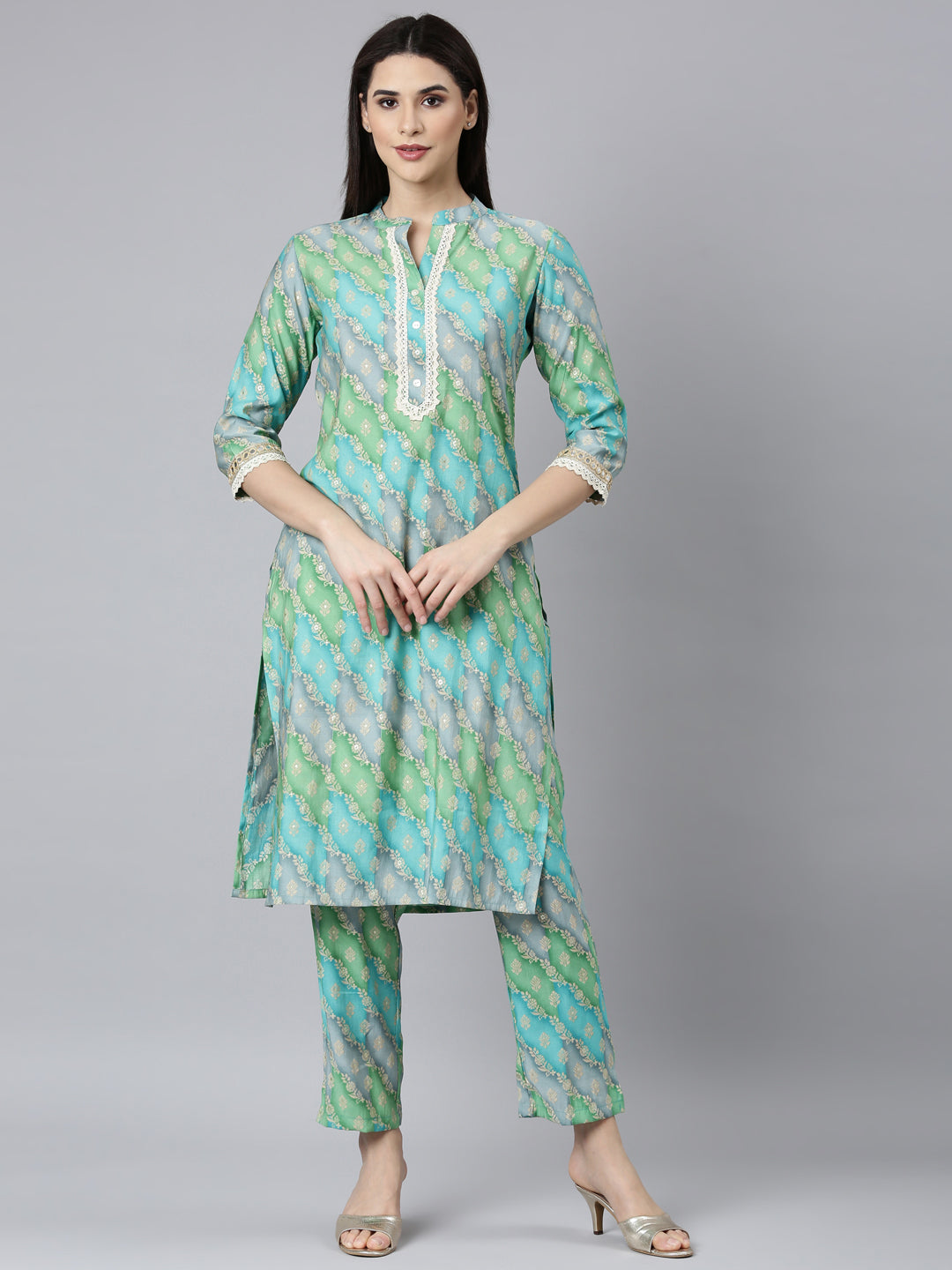 Neerus Blue muslin printed kurta set with trousers - front view
