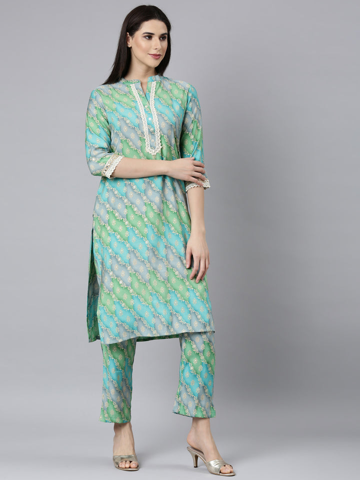 Neerus Blue muslin printed kurta set with trousers - back view