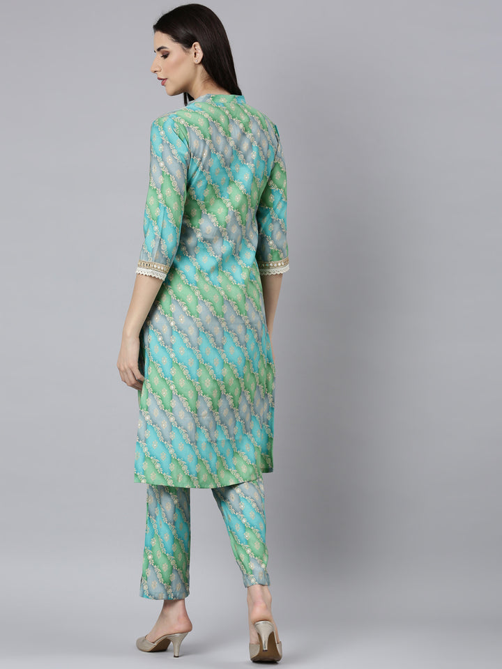 Neerus Blue muslin printed kurta set with trousers - side view