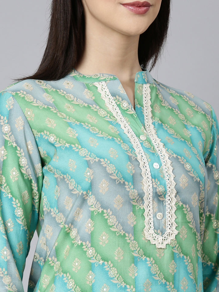 Neerus Blue muslin printed kurta set with trousers - detail view 1