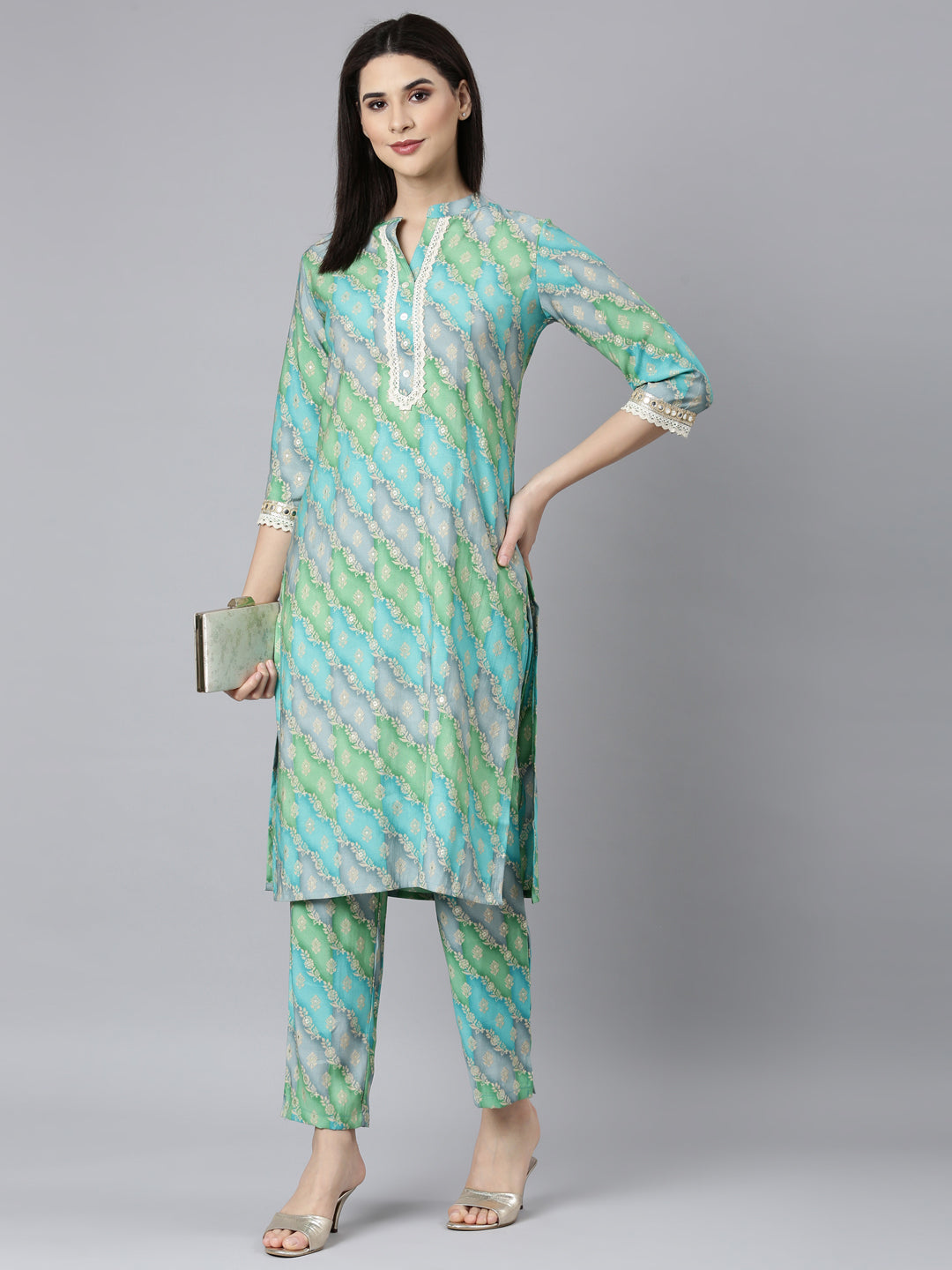 Neerus Blue muslin printed kurta set with trousers - detail view 2