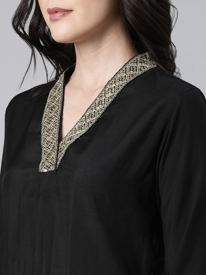 Neerus Black Regular Straight Solid Kurta And  Trousers With Dupatta