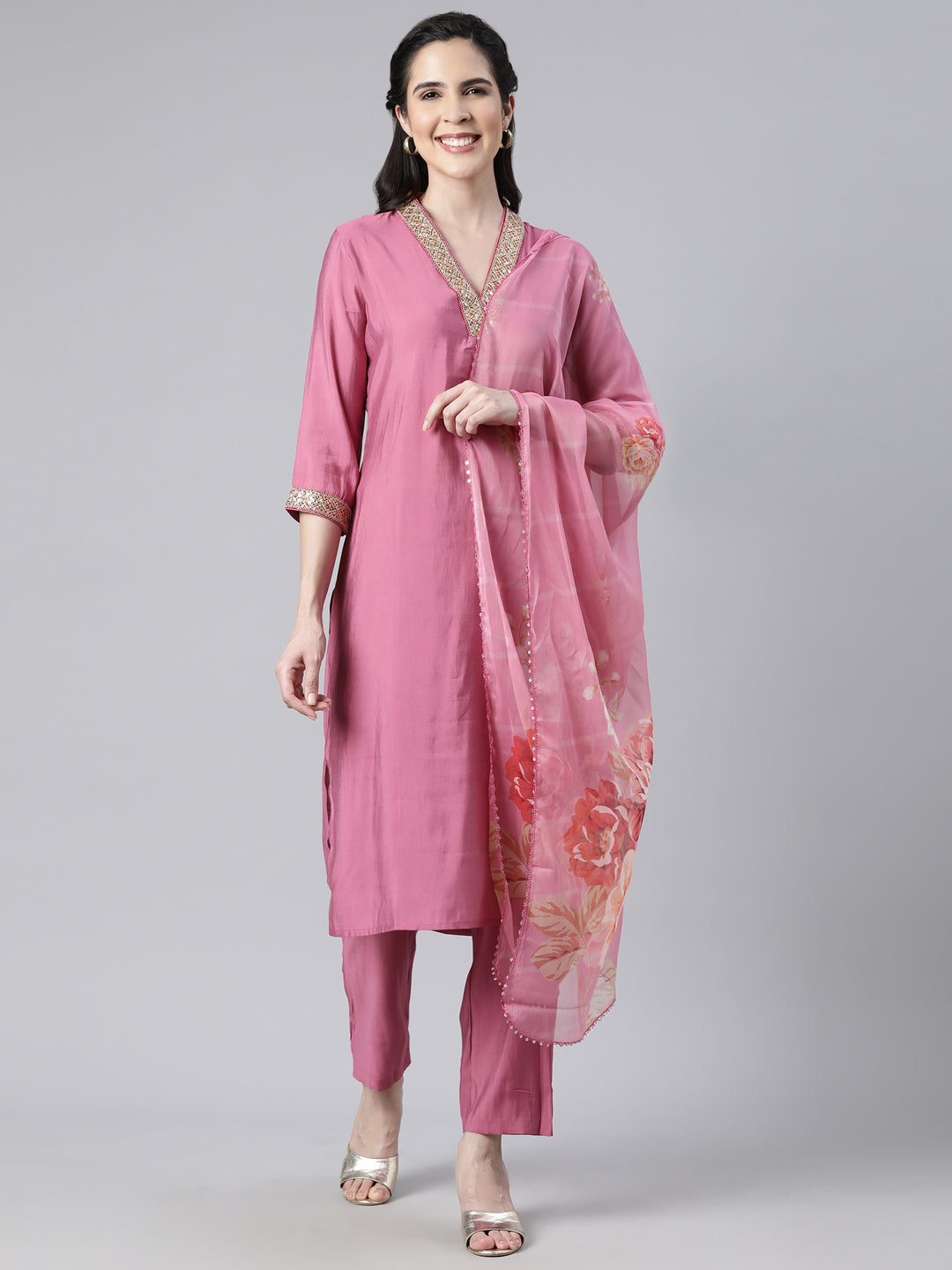Neerus Pink solid straight suit set with dupatta - front view