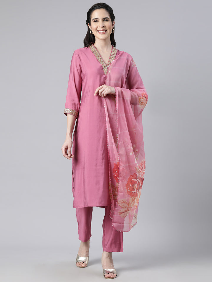 Neerus Pink solid straight suit set with dupatta - front view