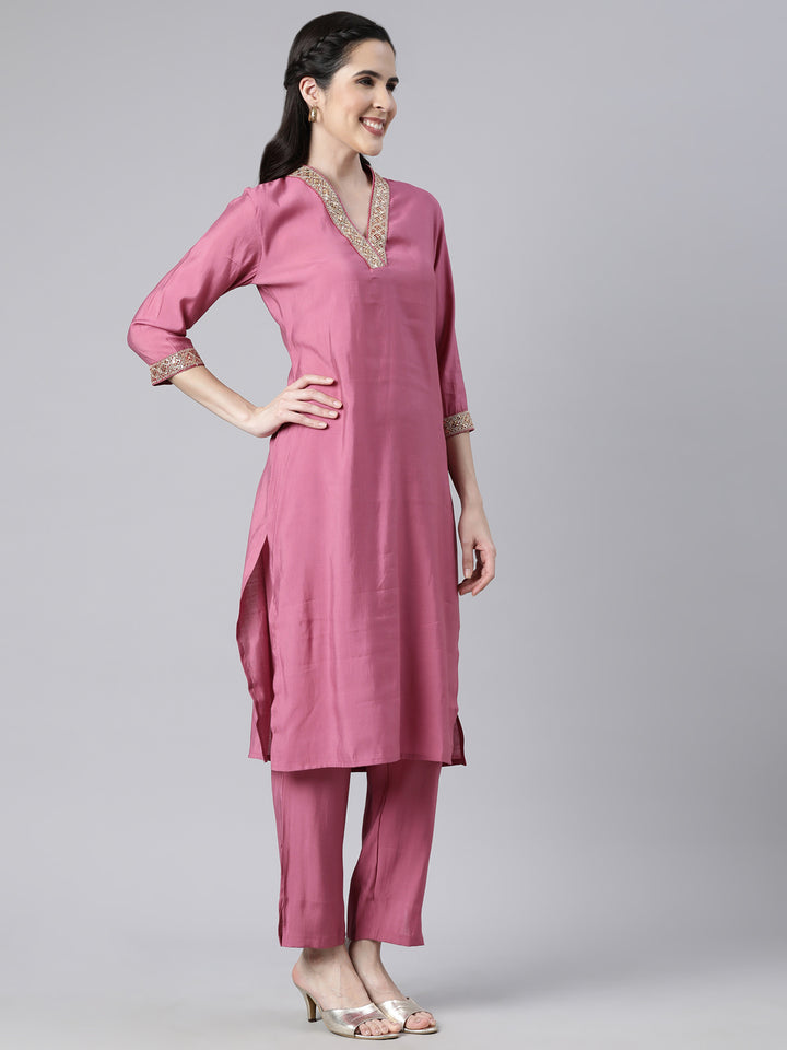 Neerus Pink solid straight suit set with dupatta - back view
