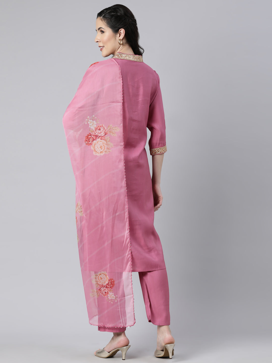 Neerus Pink solid straight suit set with dupatta - side view