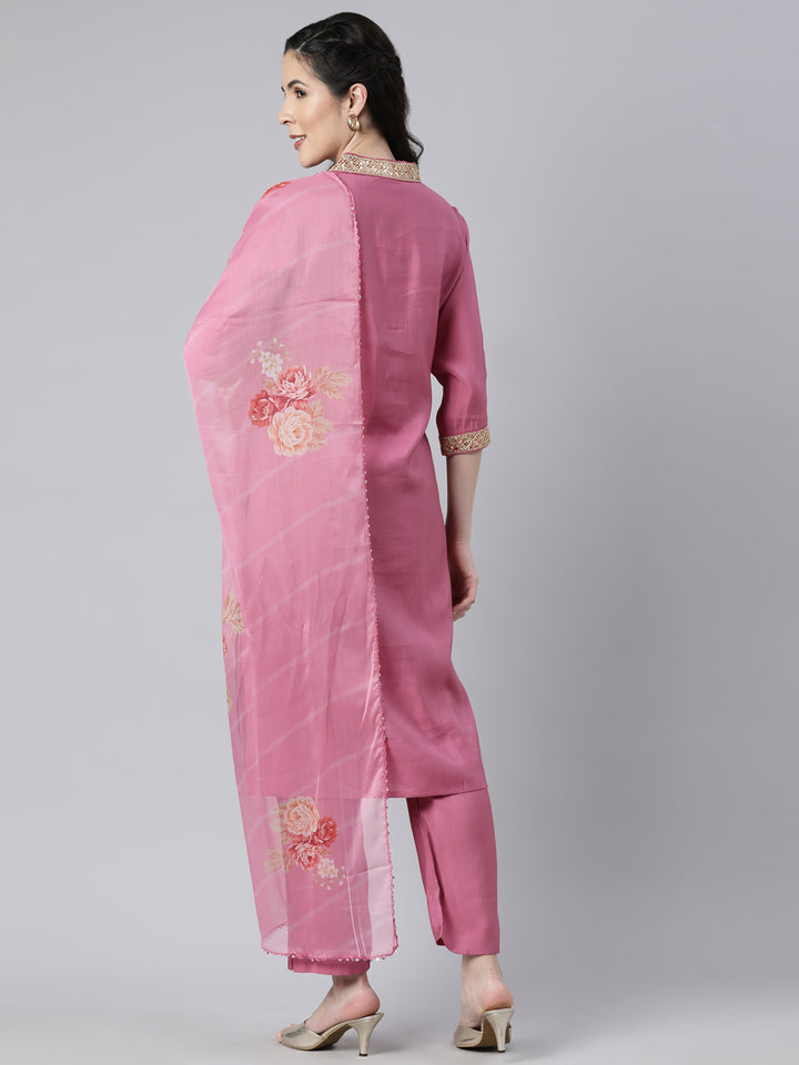 Neerus Pink solid straight suit set with dupatta - side view