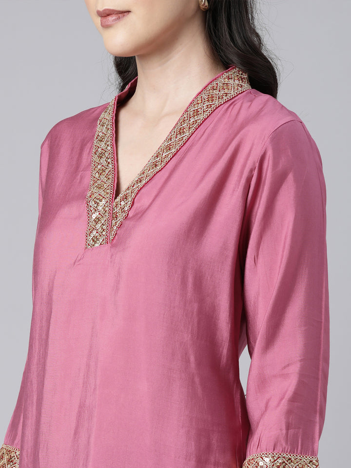 Neerus Pink solid straight suit set with dupatta - detail view 1