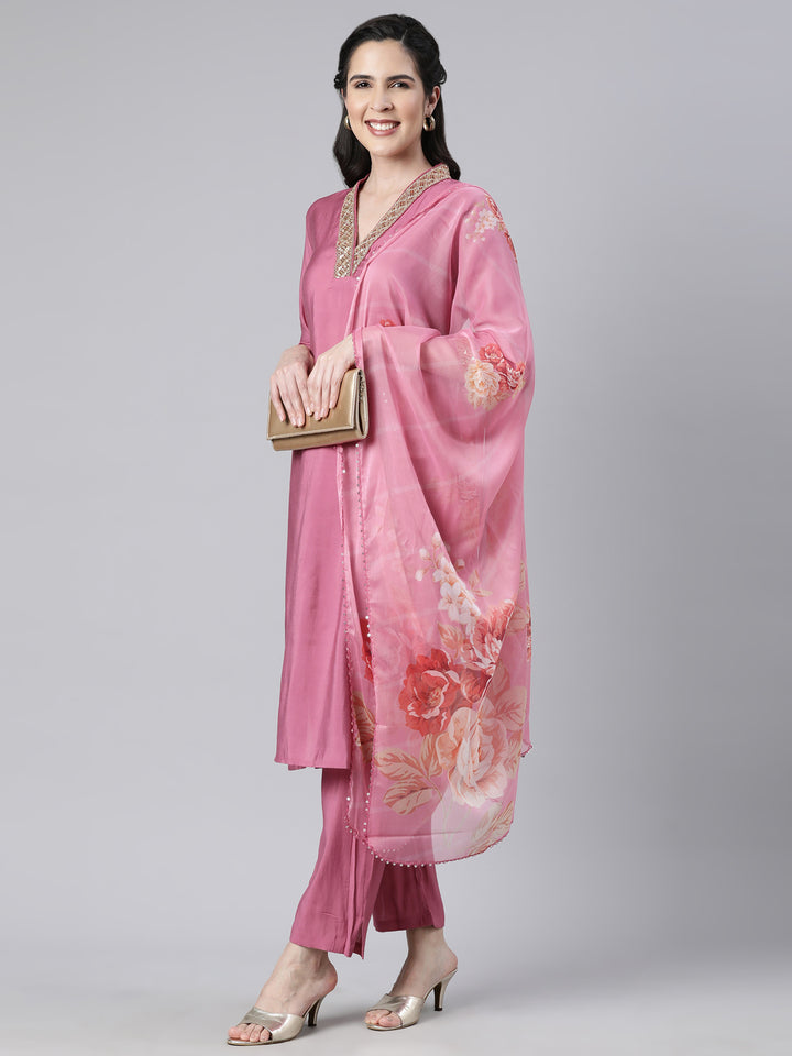Neerus Pink solid straight suit set with dupatta - detail view 2