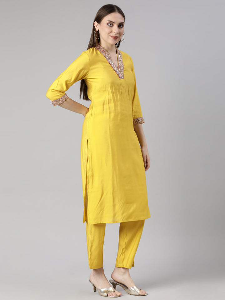 Neerus Yellow Regular Straight Solid Kurta And  Trousers With Dupatta