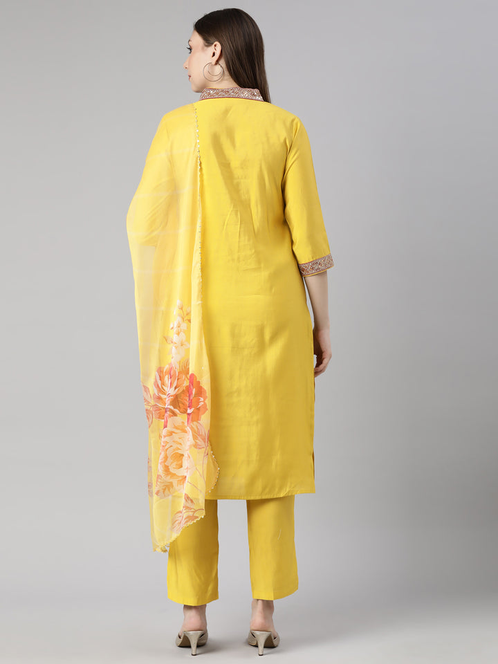 Neerus Yellow Regular Straight Solid Kurta And  Trousers With Dupatta