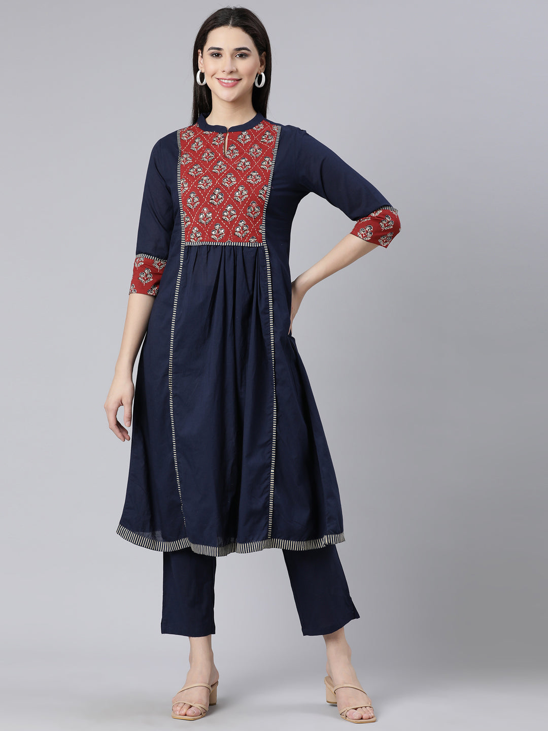 Neerus Blue printed straight kurta set with trousers - front view