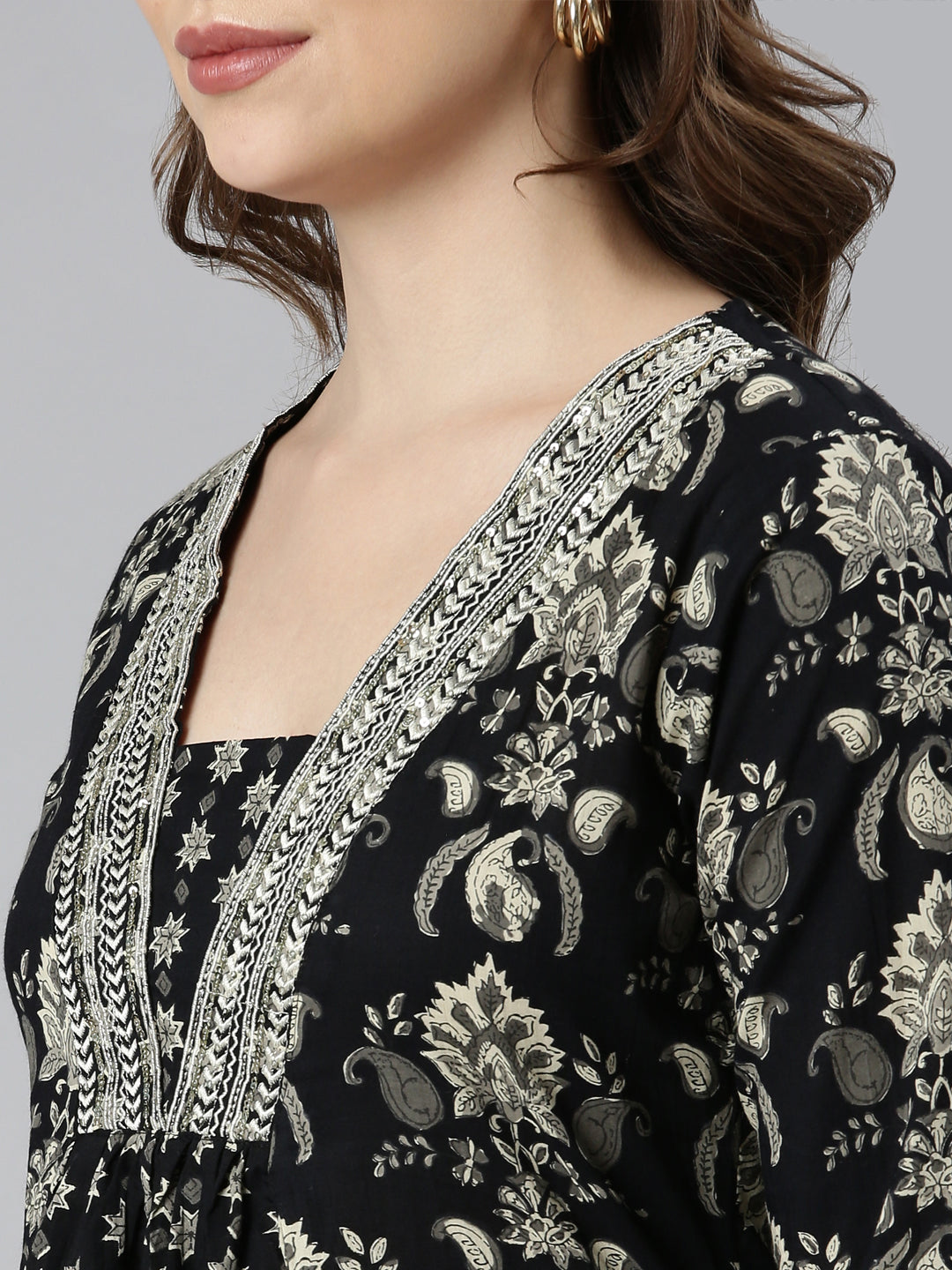 Neerus Black Regular Straight Floral Kurta And  Trousers With Dupatta