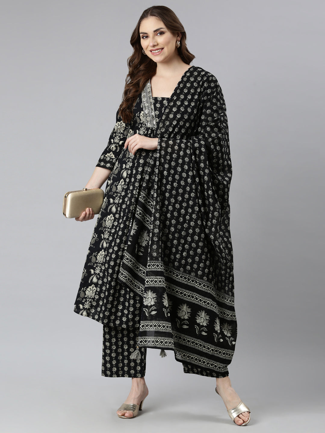 Neerus Black Regular Straight Floral Kurta And  Trousers With Dupatta
