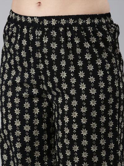 Neerus Black Regular Straight Floral Kurta And  Trousers With Dupatta