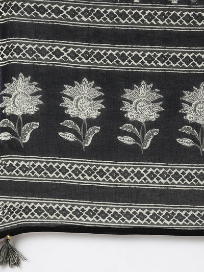 Neerus Black Regular Straight Floral Kurta And  Trousers With Dupatta
