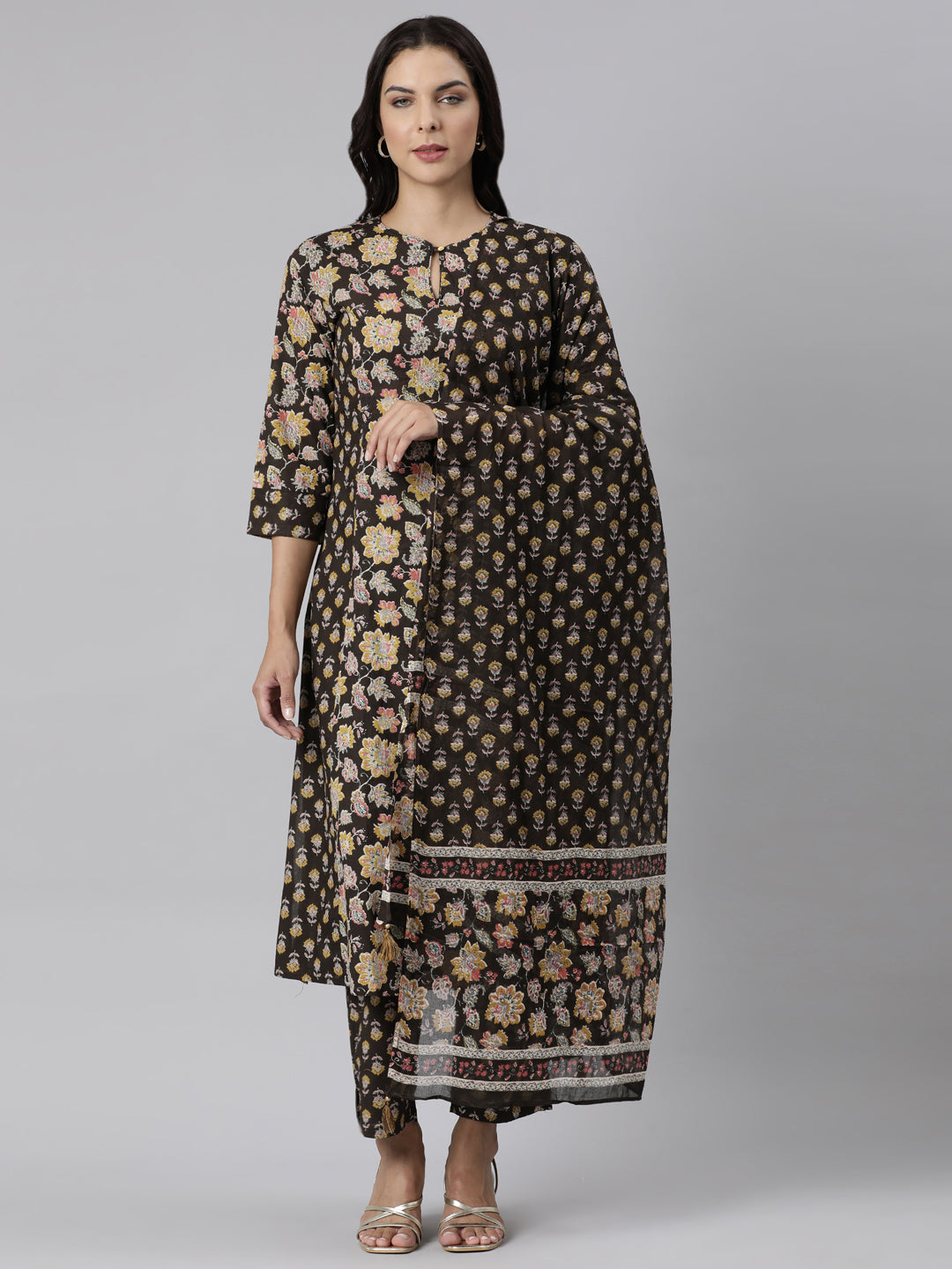 Neerus Brown printed straight suit set panelled kurta with trouser and dupatta - front view