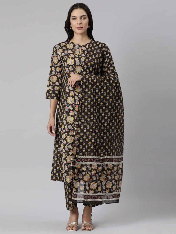 Neerus Brown printed straight suit set panelled kurta with trouser and dupatta - front view